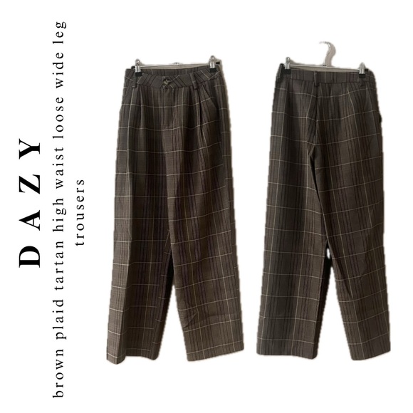 dazy β’ high waist brown plaid tartan loose wide leg pant trousers - Picture 3 of 16